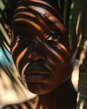 Beautiful woman from haiti, her face partially covered by shadows from the shade of a palm tree. Summer holidayの素材