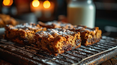 National Blonde Brownie Day: Freshly baked blonde brownies on a cooling rack with a glass of milk on the side.の素材