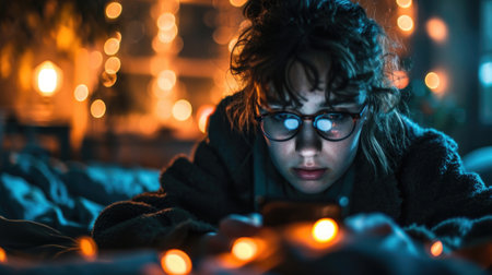 photograph of a sleep-deprived person in white pijame staring at their phone, bright screen illuminating a dark room.の素材