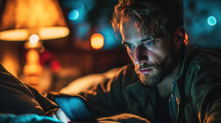 photograph of a sleep-deprived person in white pijame staring at their phone, bright screen illuminating a dark room.の素材