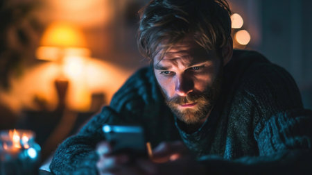 photograph of a sleep-deprived person in white pijame staring at their phone, bright screen illuminating a dark room.の素材