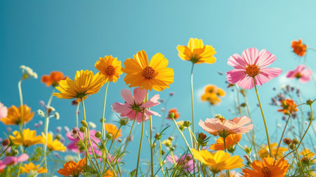 A vibrant array of assorted beauty of wildflowers in a random pattern against a clear, light blue sky background. light and airy composition, capturing the essence of spring or summer.の素材