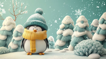 A cute penguin, adorned with a cozy knitted hat and a thick woven scarf, stands among snow-covered trees on a soft turquoise background. digital art.の素材