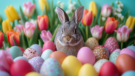 A captivating arrangement of tulips in dazzling, uncommon colors and types, encircled by a variety of charming Easter eggs, with an adorable, fluffy bunny sitting amidst the vibrant floral display.の素材