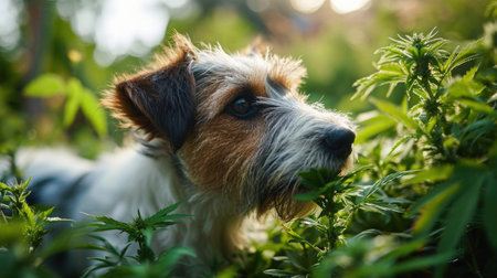 Dog sniffing marijuana leaf. CBD oil is used in veterinary medicine as a sedative and pain reliever. Marijuana pets concept.の素材