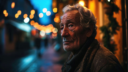 photo of an elderly man in night time outdoorsの素材
