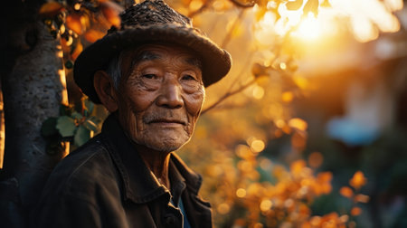 photo of an elderly man in noon outdoors.の素材