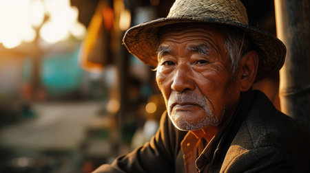 photo of an elderly man in noon outdoors.の素材
