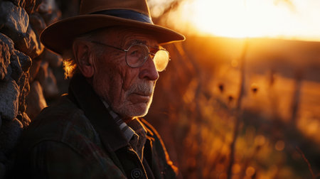 photo of an elderly man in sunset outdoors.の素材