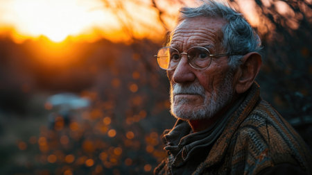 photo of an elderly man in sunset outdoors.の素材