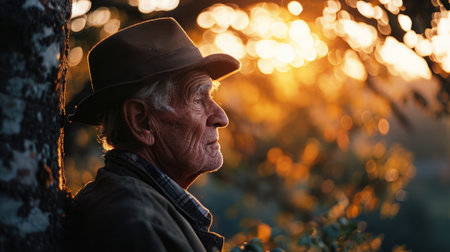 photo of an elderly man in sunset outdoors.の素材