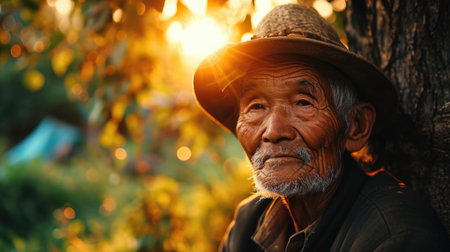 photo of an elderly man in sunset outdoors.の素材