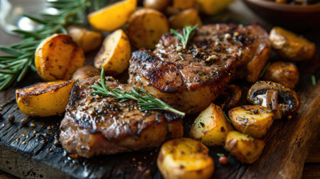 mushroom root steaks o wooden desk.の素材