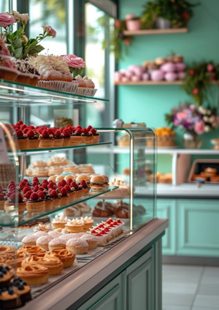 interior cafe shot, Showcase in a candy store. Glass stand with cake eclairs and tartlets. refrigerator shelves with sweets. Sweet pastries with berries. Pastel tones.の素材