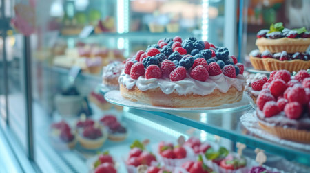 interior cafe shot, Showcase in a candy store. Glass stand with cake eclairs and tartlets. refrigerator shelves with sweets. Sweet pastries with berries. Pastel tones.の素材