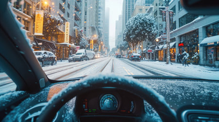 Autonomous vehicles. As seen from the back seat of an driverless car. The car's interior is state-of-the-art, highlighting the innovation of driverless technology.の写真素材