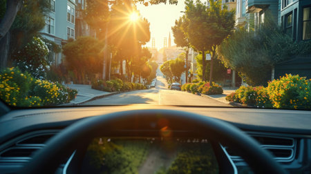 Autonomous vehicles. As seen from the back seat of an driverless car. The car's interior is state-of-the-art, highlighting the innovation of driverless technology.の写真素材