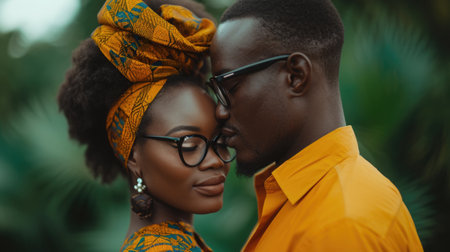 Cute young African couple in love bowed their heads to each other. Greetings on Valentine's Dayの素材