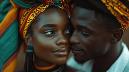 Cute young African couple in love bowed their heads to each other. Greetings on Valentine's Dayの素材