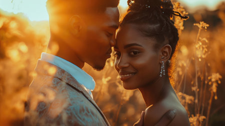 Cute young African couple in love bowed their heads to each other. Greetings on Valentine's Dayの素材