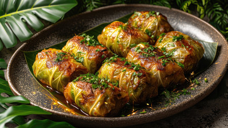 Food photography, holubtsi (stuffed cabbage rolls) from a traditional wood-fired oven, on a ceramic plate with a tropical leaf background.の素材