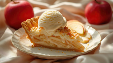 Food photography, apple pie slice with ice cream on top, cheese pull of the melting scoop on a luxurious silk tablecloth.の素材
