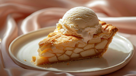 Food photography, apple pie slice with ice cream on top, cheese pull of the melting scoop on a luxurious silk tablecloth.の素材