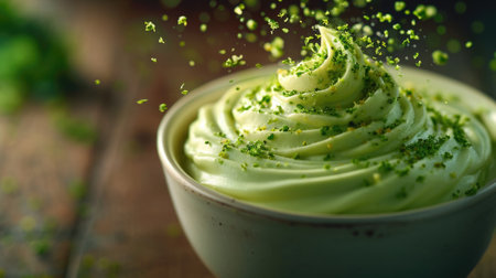 Food photography, avocado lime mousse, with a sprinkle of zest in motion against a serene, dark wood grain backgroundの素材