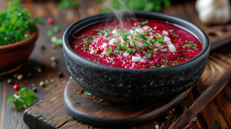Food photography, classic borscht, vibrant beetroot red, steam rising, served in an elegant black ceramic bowl on a rustic wooden table.の素材