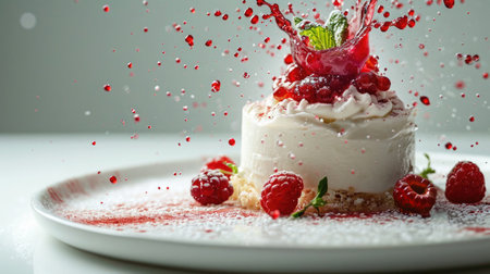 Food photography, deconstructed cheesecake, with a berry compote splash in motion, presented on a minimal white plate.の素材