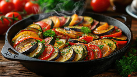 Food photography, ratatouille, colorful vegetable slices, steam captured with volumetric lighting, served in a classic cast iron pan on a rustic wooden tableの素材