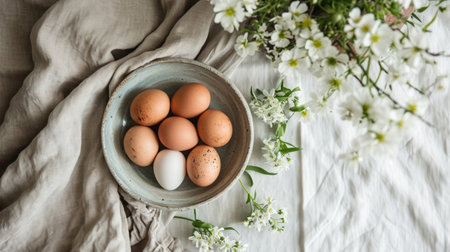 A Zen-inspired Easter celebration, with a focus on mindful eating, presenting a balanced meal of organic, locally sourced ingredients, minimalistic decor, and tranquil, soothing colors.の素材