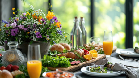 Contemporary Easter brunch setting emphasizing healthy eating, with organic vegetable dishes, freshly squeezed juices, whole grain breads, and a centerpiece of edible flowers and herbs.の素材