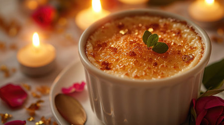 Commercial photograph of a creme brulee with the iconic crack of a sugar crust, decorated with edible gold leaf, in a romantic candlelit setting.の素材