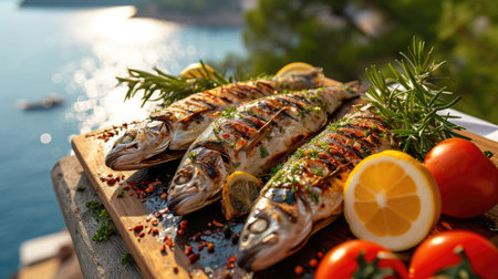 grilled sea bass, Mediterranean herbs in motion with a view of the sea in the background.の素材