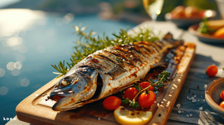 grilled sea bass, Mediterranean herbs in motion with a view of the sea in the background.の素材