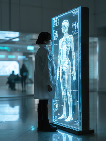 A person standing next to their digital twin, displayed on a large, transparent futuristic screen, with health stats and treatment recommendations visible around the digital figure.の素材