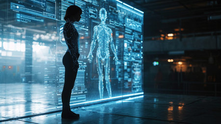A person standing next to their digital twin, displayed on a large, transparent futuristic screen, with health stats and treatment recommendations visible around the digital figure.の素材