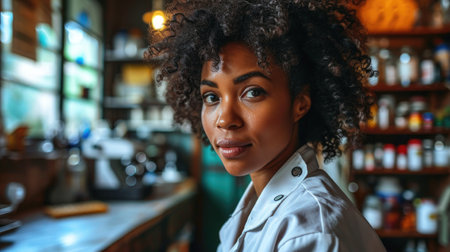Portrait of African American pharmacist dispensing medicine, shelves of medication in the background.の素材
