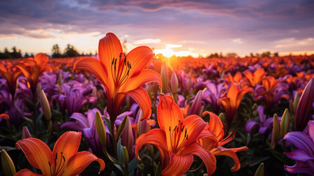 a field of vibrant orange lilies at sunset, wide shot, capturing the expanse of the field with a colorful sky in the background, feeling of tranquility and warmth, rich orange and purple hues.の素材