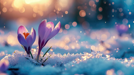 Crocuses open amidst snow patches, close-up, anticipation of spring, nature awakens. holiday of the beginning of spring,の素材