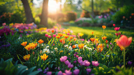 Beautiful well-kept spring garden. The green lawn emphasizes the full bloom of flowers in the mixborder. Diverse floral spectrum of tulips, daffodils, hyacinthsの素材
