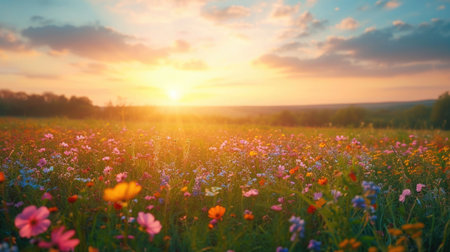 Landscape Photography, a spring valley of wildflowers, Serenity and Beauty, sunrise over a blooming field, Vivid Colorsの素材