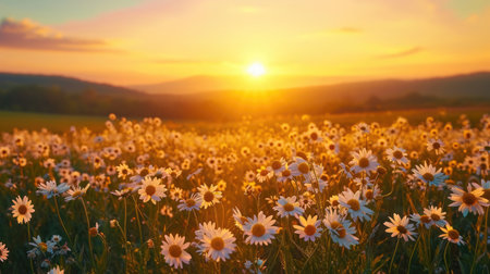 Landscape Photography, a spring valley of wildflowers, Serenity and Beauty, sunrise over a blooming field, Vivid Colorsの素材