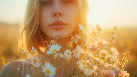 Portrait of a young beautiful girl with fresh cut flowers, in pastel colors, Joyful anticipation of spring.の素材