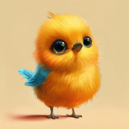 An adorable cartoon fluffy yellow chick with a full round body, big eyes, and tiny wings standing on two legs. children's book illustration style.の素材