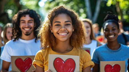 Awareness campaign for blood donation, diverse individuals holding signs with encouraging messages, in a public park, promoting the importance of donating bloodの素材