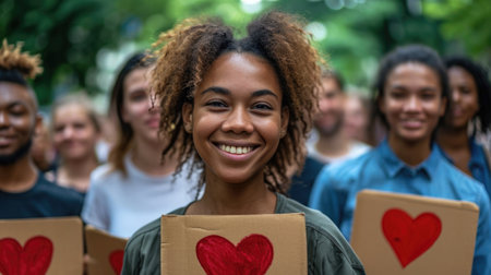 Awareness campaign for blood donation, diverse individuals holding signs with encouraging messages, in a public park, promoting the importance of donating bloodの素材