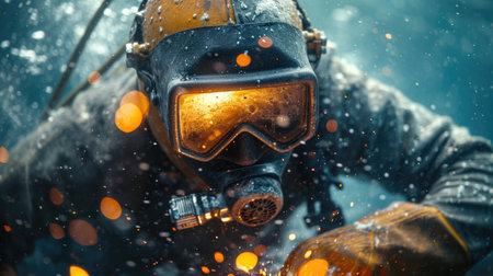 underwater welder repairs the bottom of a ship or an underwater oil platform, close up.の素材