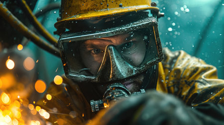 underwater welder repairs the bottom of a ship or an underwater oil platform, close up.の素材
